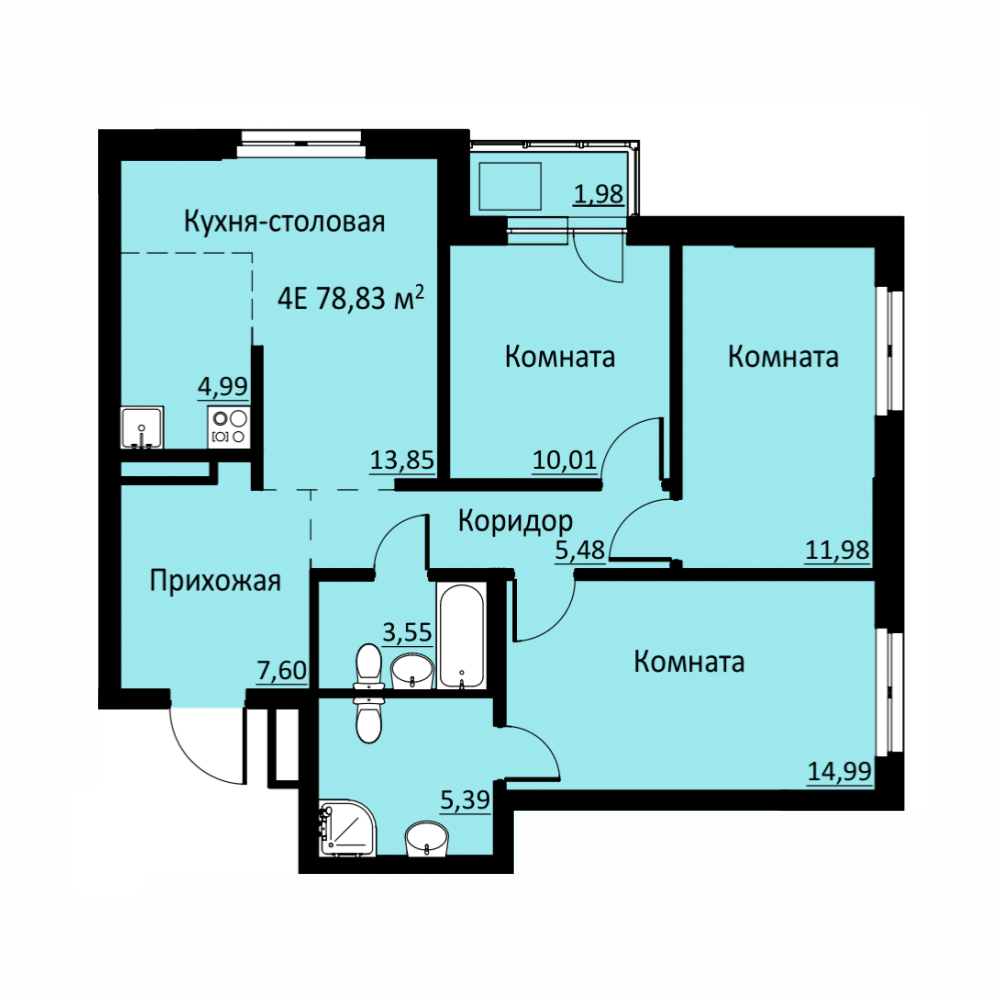 Планировка Четырехкомнатная квартира в Жилой комплекс БЛИЖЕ