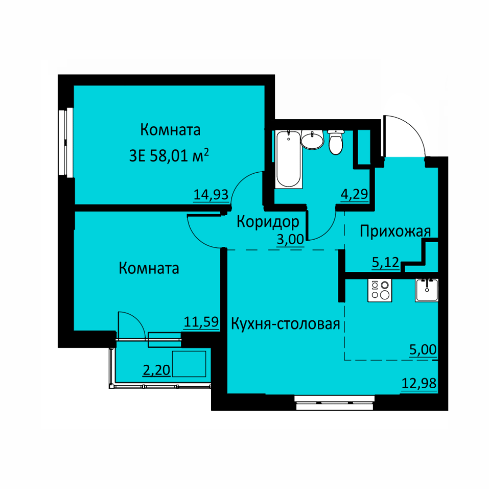Планировка Трехкомнатная квартира в Жилой комплекс БЛИЖЕ