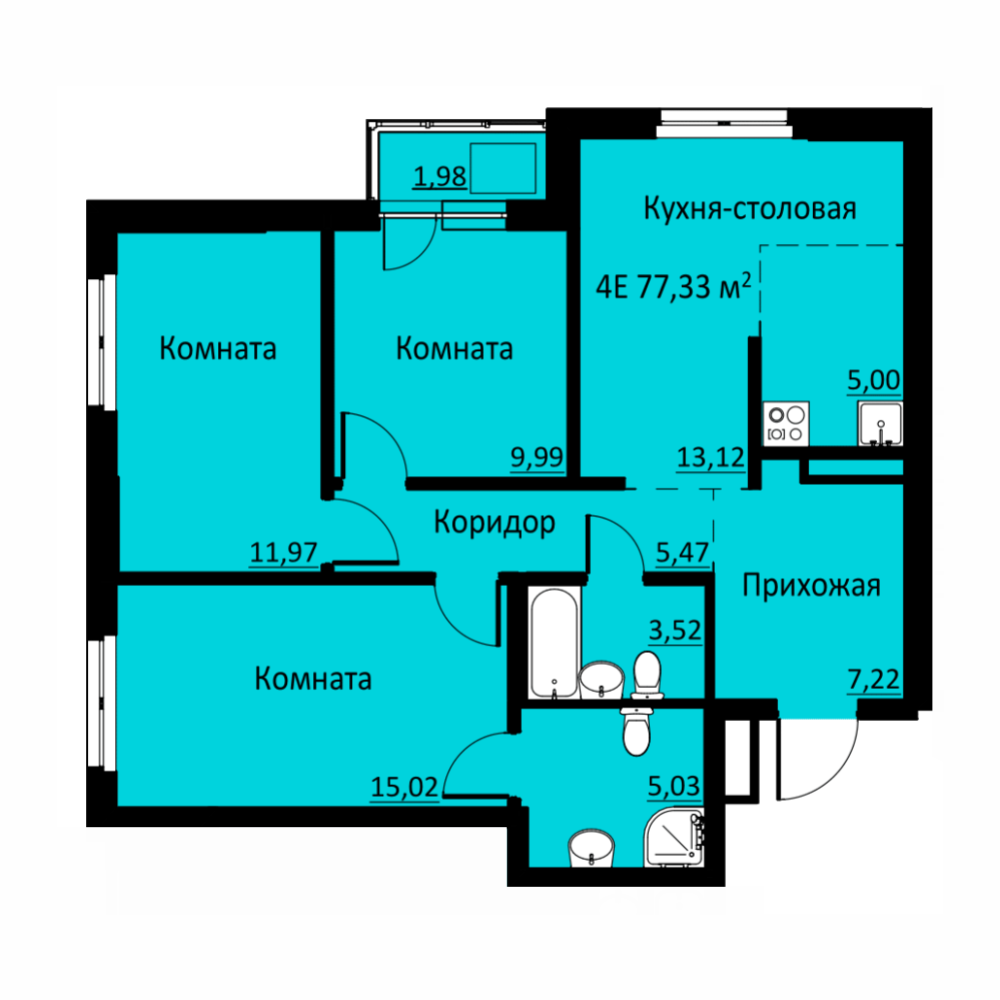 Планировка Четырехкомнатная квартира в Жилой комплекс БЛИЖЕ