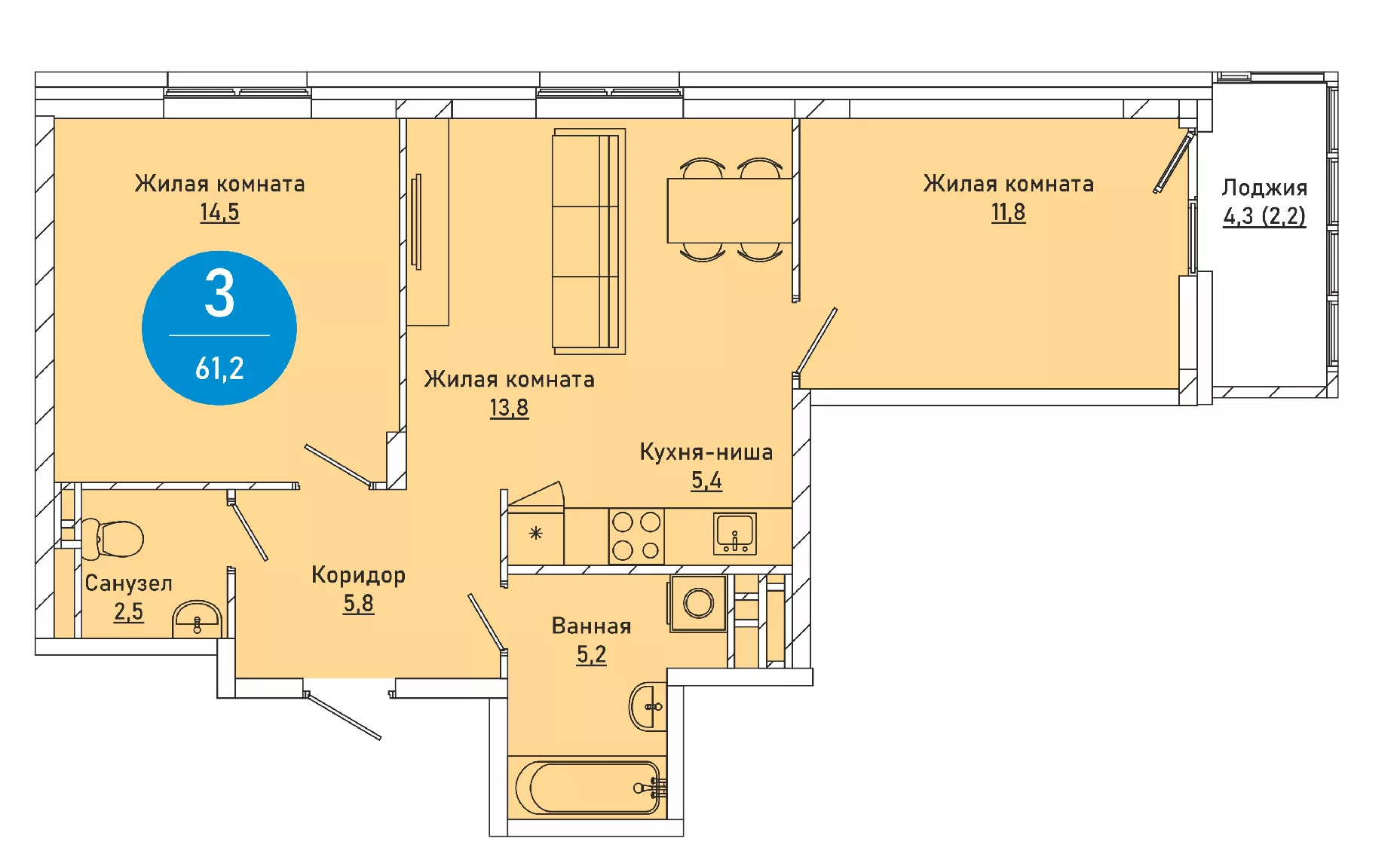 Планировка Трехкомнатная квартира в Жилой дом ВелАрт