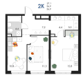 Двухкомнатная квартира в ЖД ЖД SREDA, 56,9 м², 7 845 179руб. 