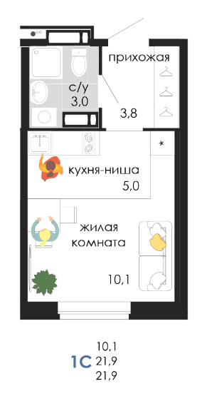 Планировка Студияая квартира в Жилой комплекс Пятница