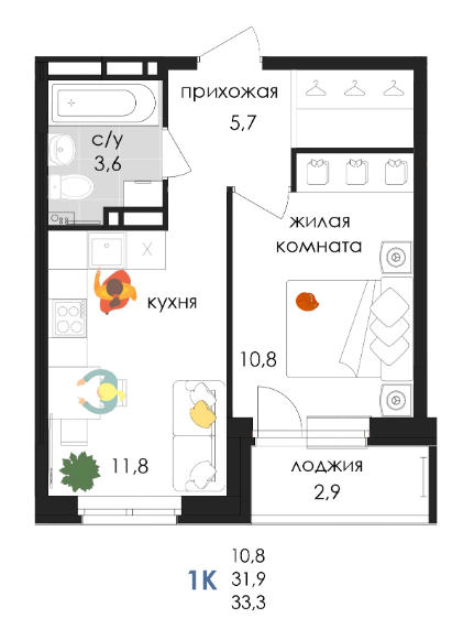 Планировка Однокомнатная квартира в Жилой дом Логика