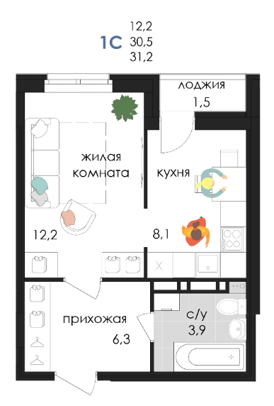 Планировка Однокомнатная квартира в Жилой дом Логика