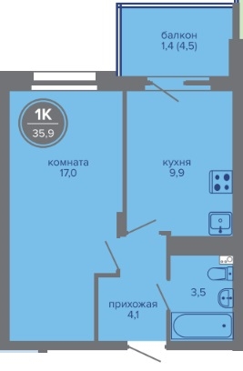 Планировка Однокомнатная квартира в Жилой комплекс МИР