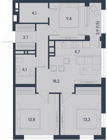 Планировка Четырехкомнатная квартира в Жилой дом ЮГ на Беляева