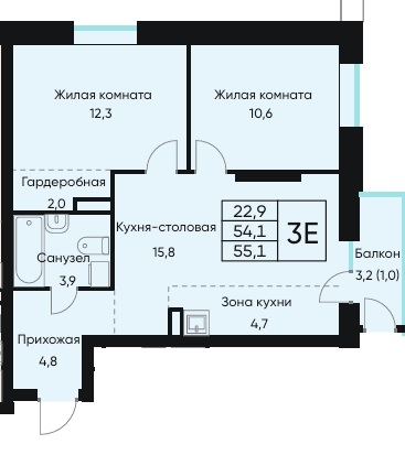 Планировка Трехкомнатная квартира в Жилой дом ВЕНТО (VENTO)