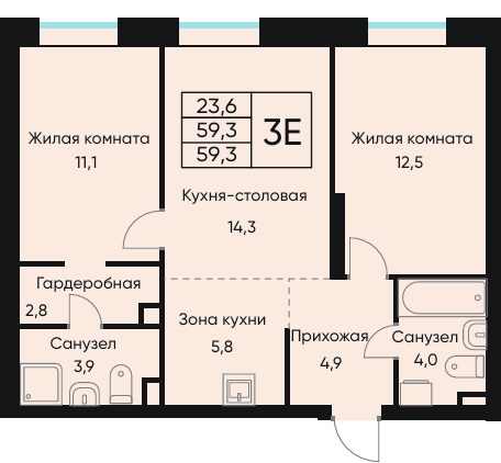 Планировка Трехкомнатная квартира в Жилой дом ВЕНТО (VENTO)