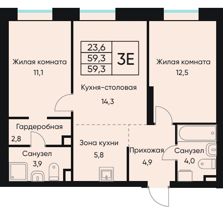 Планировка Трехкомнатная квартира в Жилой дом ВЕНТО (VENTO)