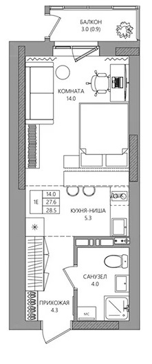 Планировка Студияая квартира в Жилой дом ВЕНТО (VENTO)