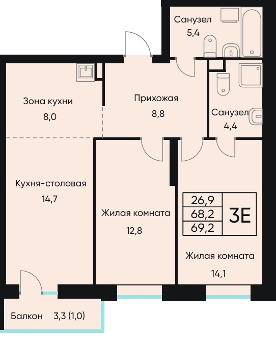 Планировка Трехкомнатная квартира в Жилой дом ВЕНТО (VENTO)