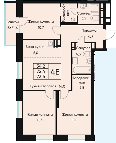 Планировка Четырехкомнатная квартира в Жилой дом ВЕНТО (VENTO)