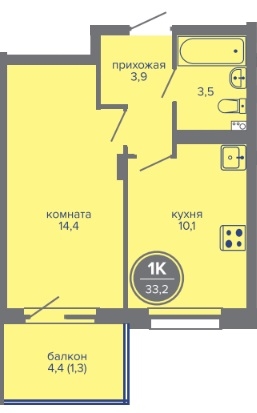 Планировка Однокомнатная квартира в Жилой комплекс МИР