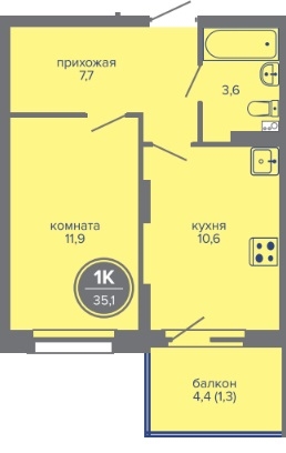 Планировка Однокомнатная квартира в Жилой комплекс МИР