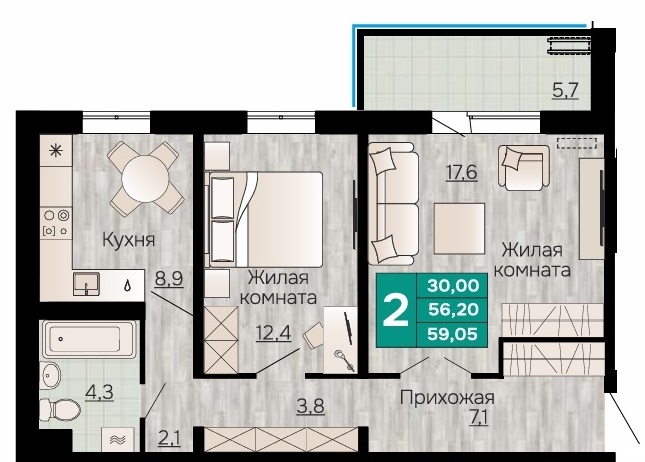 Планировка Двухкомнатная квартира в Жилой дом Видный