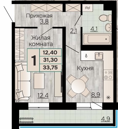 Планировка Однокомнатная квартира в Жилой дом Видный