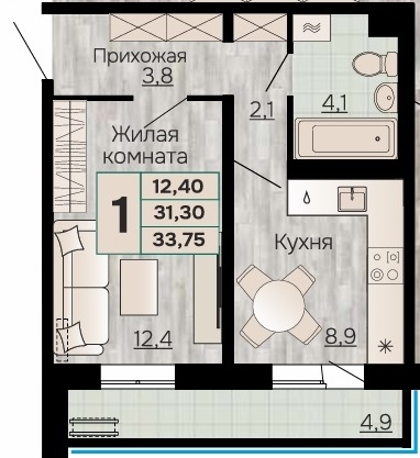 Планировка Однокомнатная квартира в Жилой дом Видный