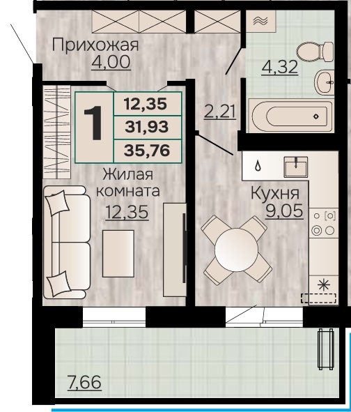 Планировка Однокомнатная квартира в Жилой дом Видный