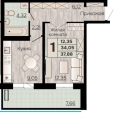Однокомнатная квартира в ЖД Видный, 37,88 м², 6 486 950руб. 