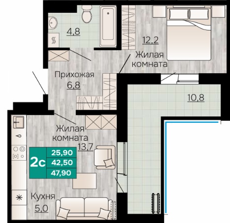 Планировка Двухкомнатная квартира в Жилой дом Видный