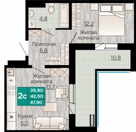 Планировка Двухкомнатная квартира в Жилой дом Видный