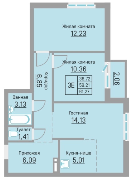 Планировка Трехкомнатная квартира в Жилой комплекс БЛИЖЕ