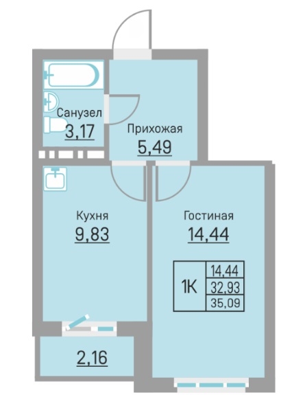 Планировка Однокомнатная квартира в Жилой комплекс БЛИЖЕ