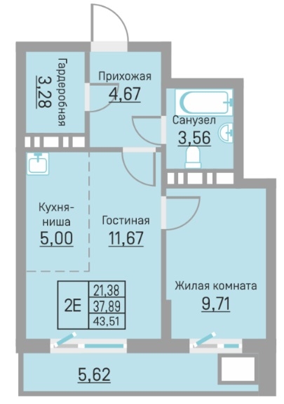 Планировка Двухкомнатная квартира в Жилой комплекс БЛИЖЕ