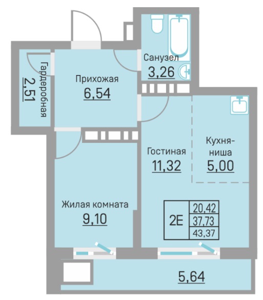 Планировка Двухкомнатная квартира в Жилой комплекс БЛИЖЕ
