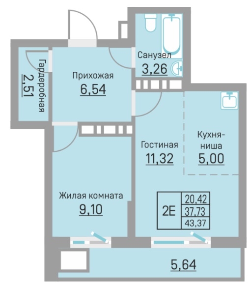 Планировка Двухкомнатная квартира в Жилой комплекс БЛИЖЕ