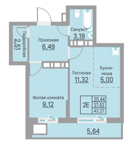 Планировка Двухкомнатная квартира в Жилой комплекс БЛИЖЕ