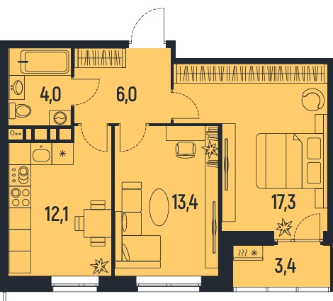 Планировка Двухкомнатная квартира в Жилой дом НОВАТОР. Лофт-квартал