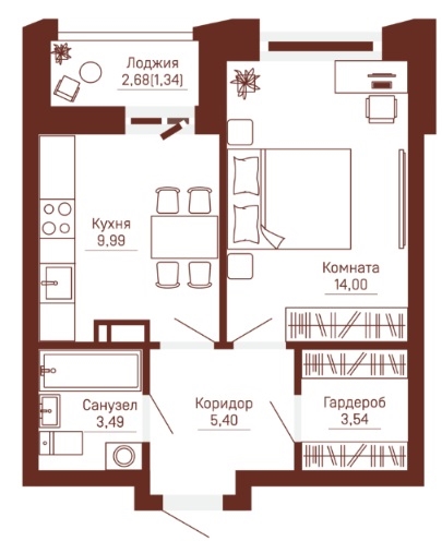 Планировка Однокомнатная квартира в Жилой комплекс Три девятых