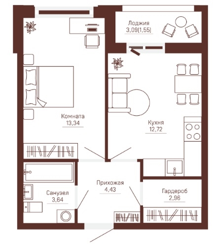 Планировка Однокомнатная квартира в Жилой комплекс Три девятых